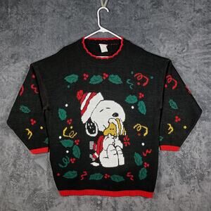 VTG Snoopy Christmas Sweater Women Large Black Woodstock Made in USA
